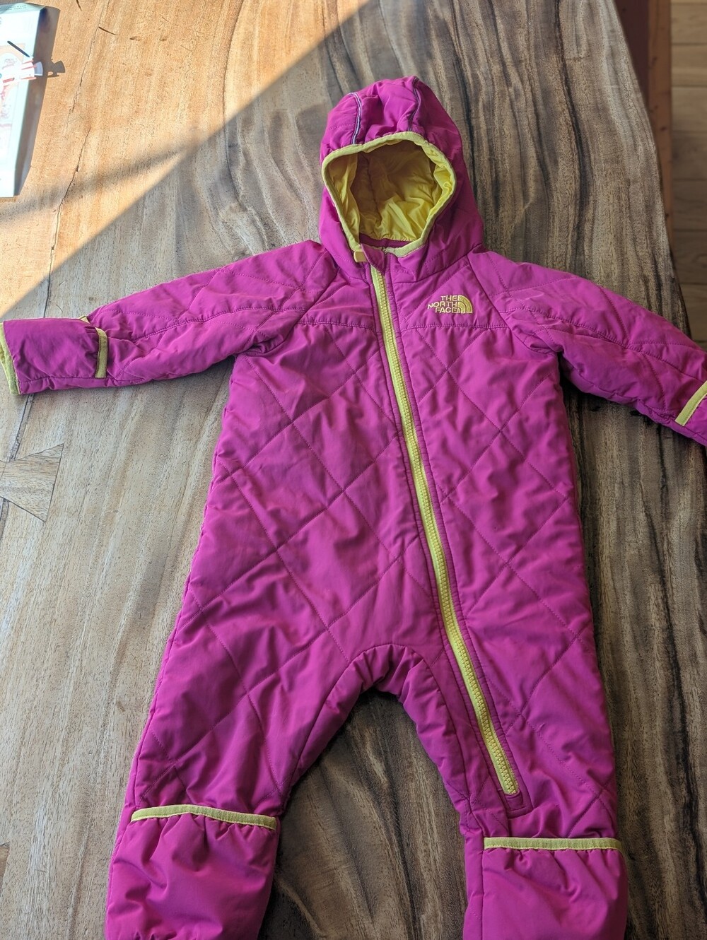 The North Face Pink One-Piece Hooded Snowsuit with Yellow Trim